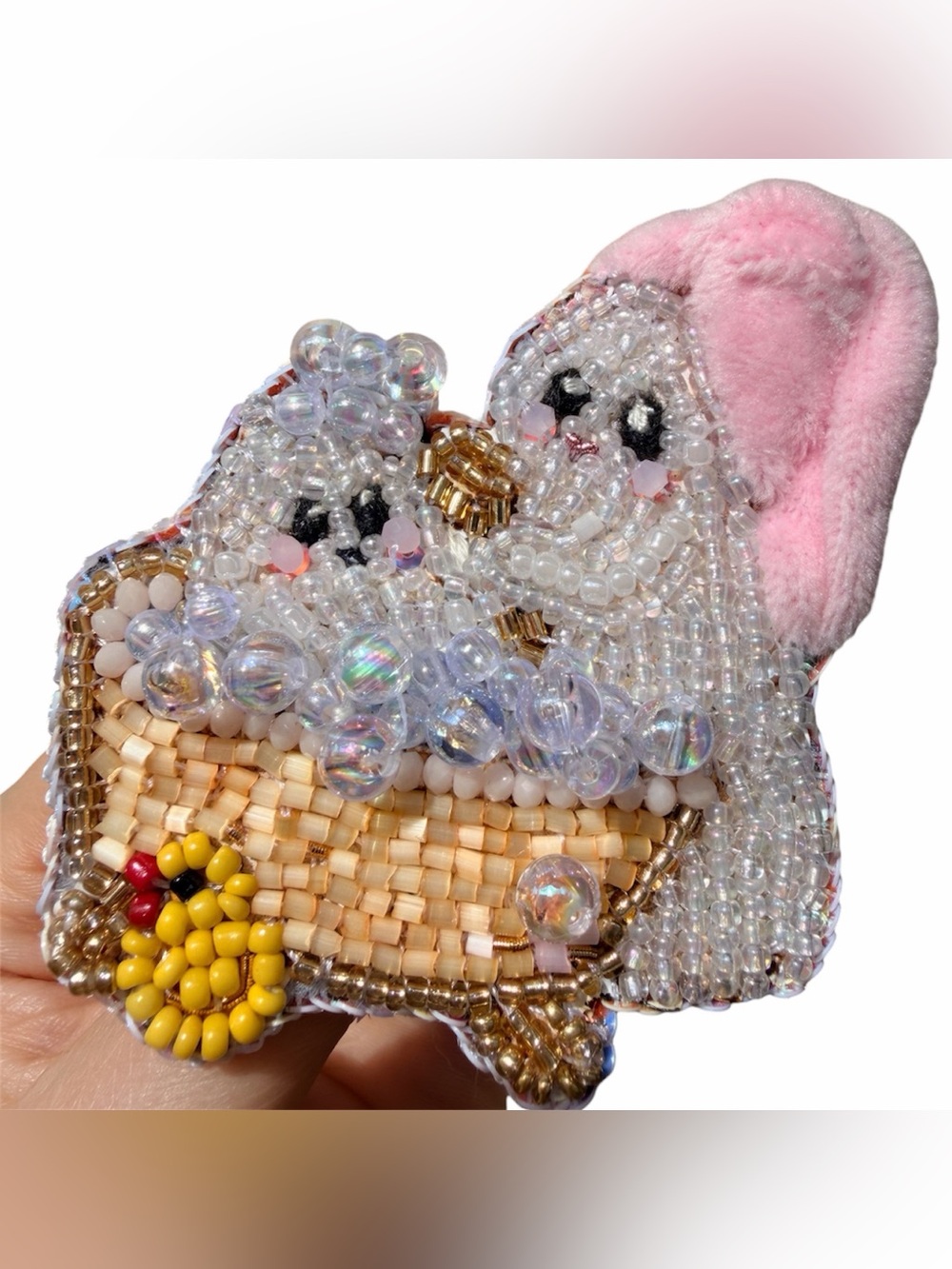 Handmade beaded brooch mommy and baby ghosts taking a bubble bath